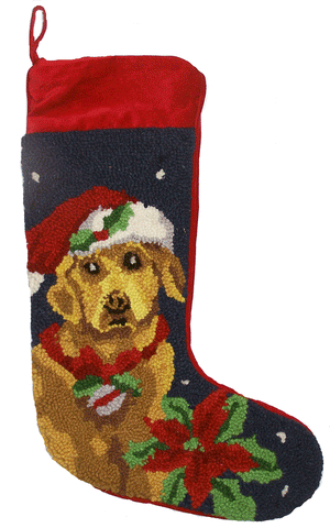 Red Velvet Cuffed Golden Retriever Dog Hooked Christmas Stocking - 13" x 21"