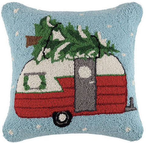 Designer Carol Eldridge Retro Christmas Tree Camper - 16"x 16" Wool Hooked Pillow
