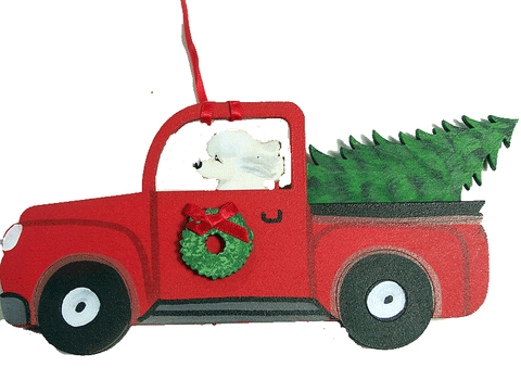 Retro Truck Dog Wood 3-D Hand Painted Ornament - White Poodle