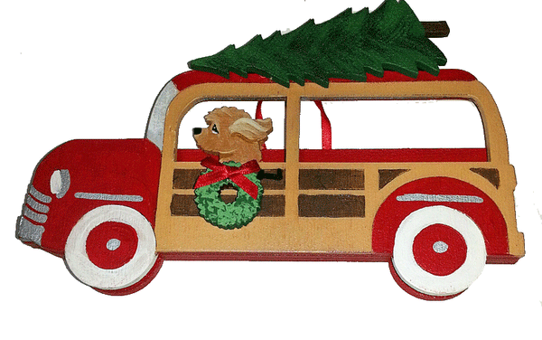 Woodie Station Wagon Dog Wood 3-D Hand Painted Ornament - Goldendoodle