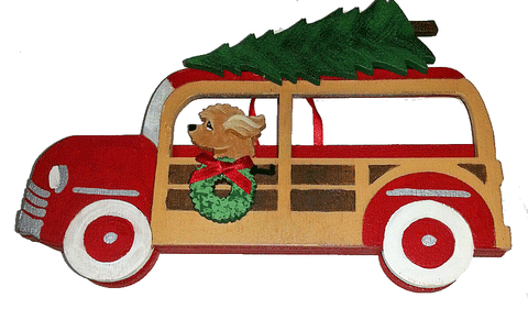 Woodie Station Wagon Dog Wood 3-D Hand Painted Ornament - Goldendoodle