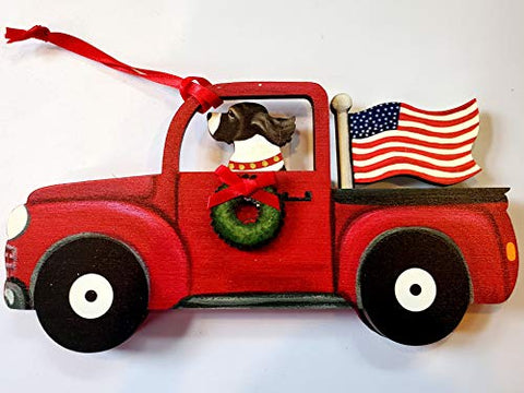 Dandy Design English Springer Spaniel Liver Dog Retro Flag Truck Wooden 3-Dimensional Christmas Ornament - USA Made.