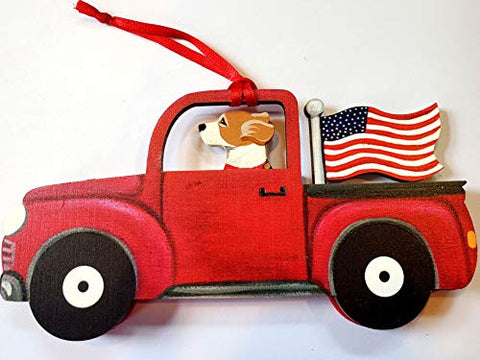 Dandy Design Beagle Hound Dog Retro Flag Truck Wooden 3-Dimensional Christmas Ornament - USA Made.