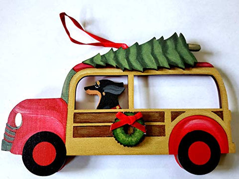 Dandy Design Black Tan Dachshund Dog Woody Woodie Car Wooden 3-Dimensional Christmas Ornament - USA Made.
