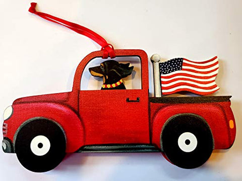 Dandy Design Black Dachshund Dog Retro Flag Truck Wooden 3-Dimensional Christmas Ornament - USA Made.