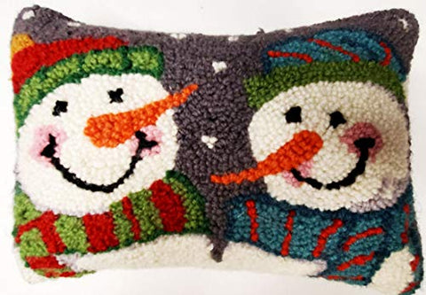 Peking Handicraft Winter Colorful Snowman Pair Christmas Hooked Pillow - 8" x 12"