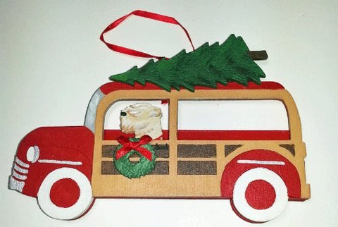 Wheaten Terrier Dog Vintage Retro Woodie Station Wagon Hand Painted 3-dimensional Christmas Ornament - USA Made.