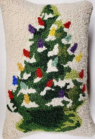 Peking Handicraft Retro Ceramic Lighted Christmas Tree Hooked Wool Throw Pillow - 8" x 12"