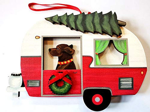 Dandy Design Chocolate Labrador Retriever Dog Vintage Camper Trailer Wooden Hand-Painted 3-Dimensional Christmas Ornament - USA Made.