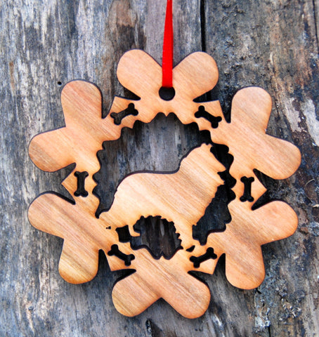 Cherry Wood Laser Cut Dog Bone Snowflake Christmas Ornament - Collie Shetland Sheepdog
