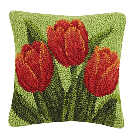 Peking Handicraft Red Tulip Hooked Wool Pillow - 10" x 10"