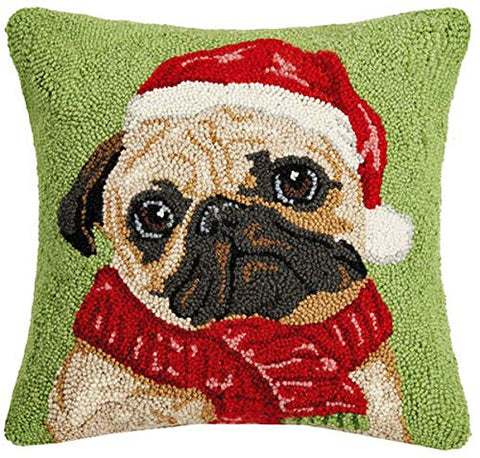 Peking Handicraft Santa Hat Holiday Fawn Pug Wool Hooked Dog Throw Pillow - 16" x 16"
