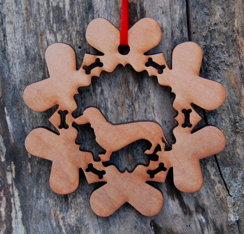 Cherry Wood Laser Cut Dog Bone Snowflake Christmas Ornament - Dachshund