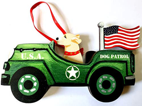 Dandy Design Yellow Labrador Retriever Dog Retro Flag Jeep Patrol Wooden 3-Dimensional Christmas Ornament - USA Made.