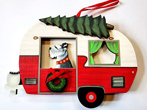 Dandy Design Miniature Schnauzer Dog Vintage Camper Trailer Wooden Hand-Painted 3-Dimensional Christmas Ornament - USA Made.