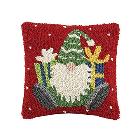 Peking Handicraft  Gnome with Presents Hooked Pillow, 10" x 10"