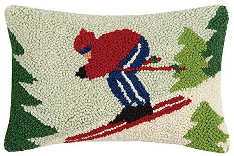 Peking Handicraft Downhill Winter Skiier Mini Hooked Wool Pillow - 8" x 12"