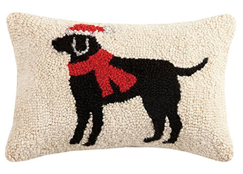 Black Lab Christmas Dog Mini Hooked Wool Pillow - 8" X 12"