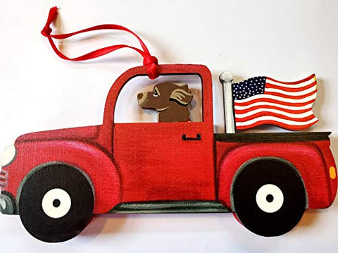 Dandy Design Chocolate Labrador Retriever Dog Retro Flag Truck Wooden 3-Dimensional Christmas Ornament - USA Made.
