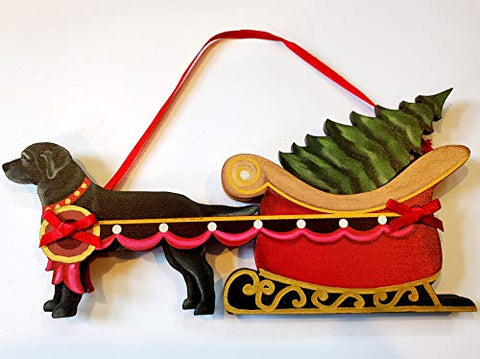 Dandy Design Black Labrador Retriever Dog Sleigh Pull Wooden 3-Dimensional Christmas Ornament - USA Made.
