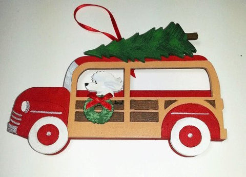 White Poodle Dog Vintage Retro Woodie Station Wagon Hand Painted 3-dimensional Christmas Ornament - USA Made.