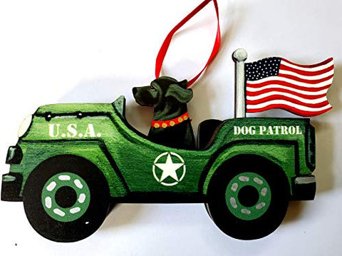 Dandy Design Black Labrador Retriever Dog Retro Flag Jeep Patrol Wooden 3-Dimensional Christmas Ornament - USA Made.