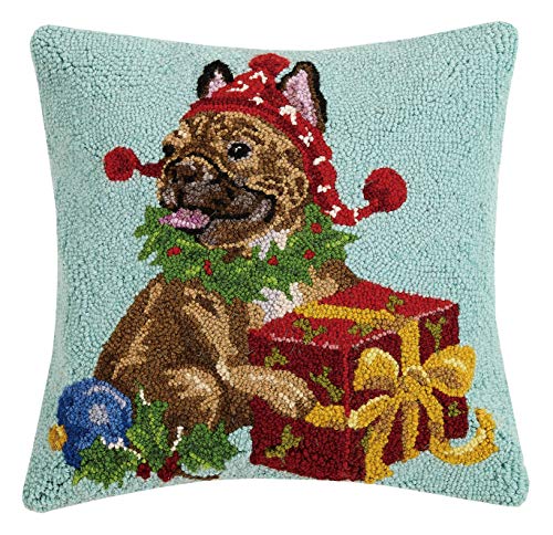 Peking Handicraft Brown French Bulldog Hooked Pillow - 16"