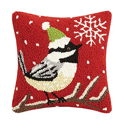 Happy Chickadee Snowflake Winter Wool Hooked Pillow - 10" x 10"