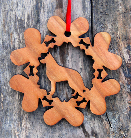 Cherry Wood Laser Cut Dog Bone Snowflake Christmas Ornament - German Sherpherd