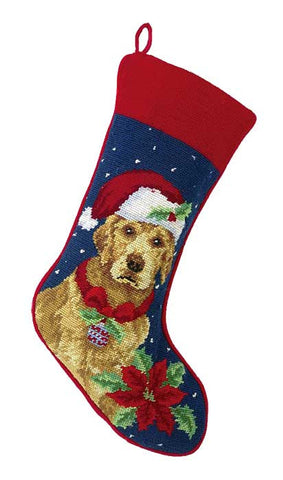 Golden Retriever Poinsettia Dog Christmas Needlepoint Stocking - 11" x 18"