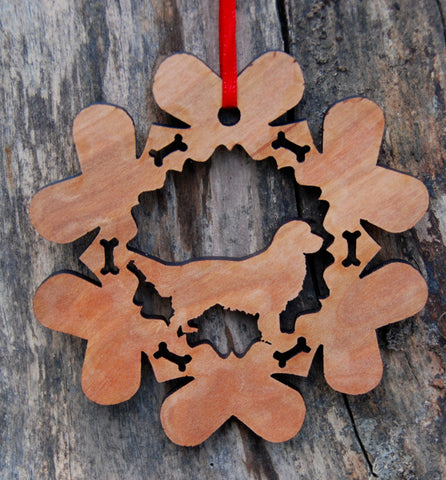 Cherry Wood Laser Cut Dog Bone Snowflake Christmas Ornament - Golden Retriever