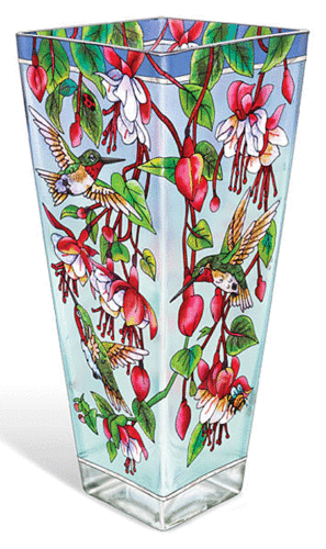 Hummingbirds and Fuschias Handpainted Art Glass Vase