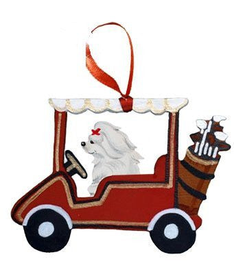 Golf Cart Dog Wood 3-D Hand Painted Ornament - Maltese