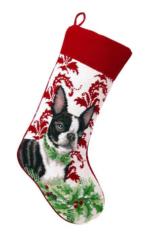 Boston Terrier Dog Christmas Needlepoint Stocking - 11" x 18"