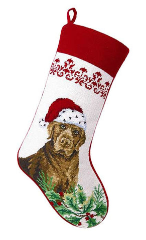 Chocolate Labrador Retriever Dog Christmas Needlepoint Stocking - 11" x 18"