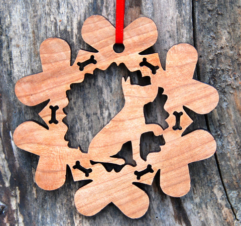 Cherry Wood Laser Cut Dog Bone Snowflake Christmas Ornament - Staffordshire Terrier Pit Bull