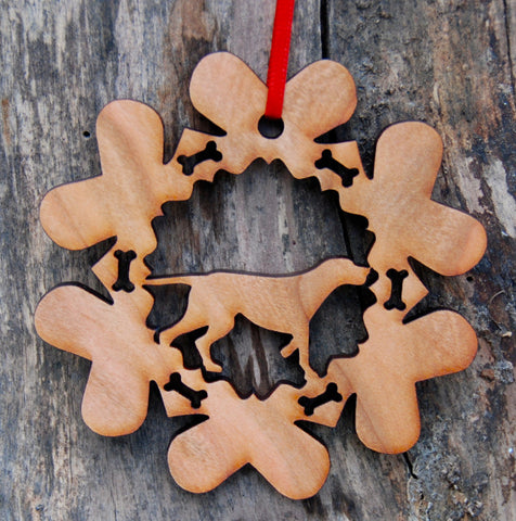 Cherry Wood Laser Cut Dog Bone Snowflake Christmas Ornament - German Short Hair Pointer