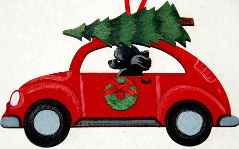 Hippie 60's Car Dog Wood 3-D Hand Painted Ornament -  Black Poodle