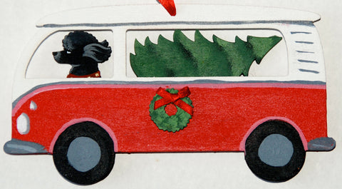 Hippie Van Bus Dog Wood 3-D Hand Painted Ornament - Black Poodle