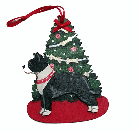 The Christmas Tree Dog Wood 3-D Hand Painted Ornament - Black & White American Staffordshire Terrier Pit Bull