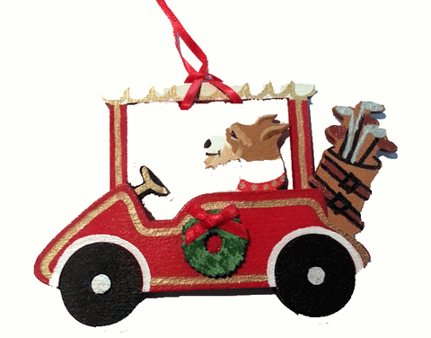 Golf Cart Dog Wood 3-D Hand Painted Ornament - Wire Haired Fox Terrier
