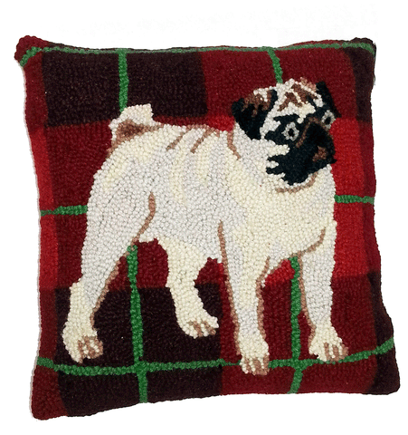 Fawn Pug Holiday Plaid - 14" x 14" Wool Hooked Pillow