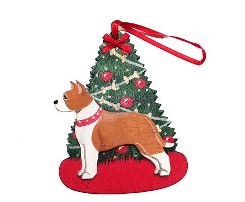 The Christmas Tree Dog Wood 3-D Hand Painted Ornament - Red & White American Staffordshire Terrier Pit Bull