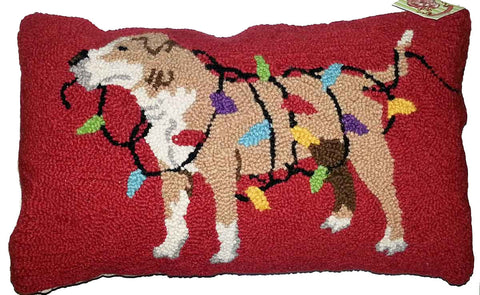 American Staffordshire Terrier Dog Holiday Christmas Lights - 12" x 20" Wool Hooked Pillow