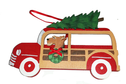 Woodie Station Wagon Dog Wood 3-D Hand Painted Ornament - Airedale Terrier