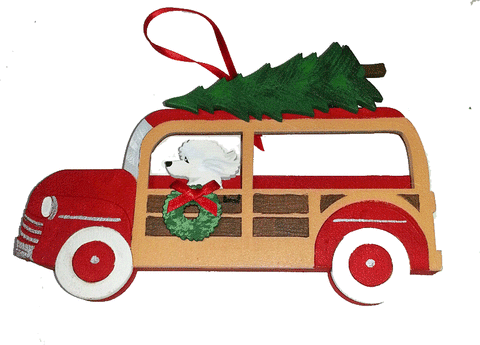 Woodie Station Wagon Dog Wood 3-D Hand Painted Ornament - White Poodle