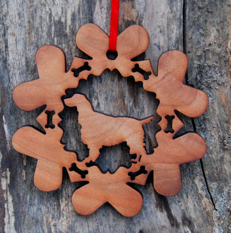 Cherry Wood Laser Cut Dog Bone Snowflake Christmas Ornament - English Springer Spaniel